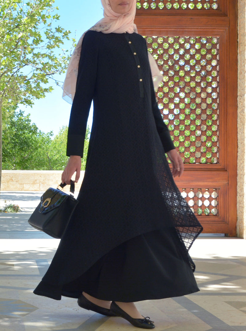 Hi-Lo Lace Layered Abaya Gown