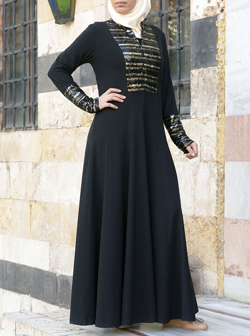 Black and Gold Sequin Abaya Gown Abaya Gowns Women Shukr Clothing