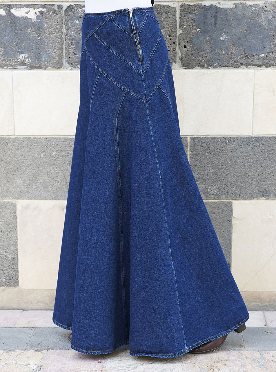 Denim Geometric Flared Skirt | Shukr Clothing